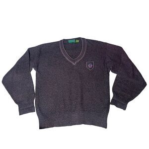 Mens Vtg Huntington Horn Sweater Embroidered Logo Purple Black Size Small